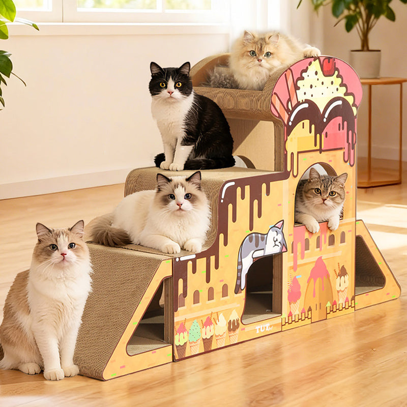 Contemporary Creative Rectangular BB-Grade Thickened Corrugated Cat Tree 3-Tier For Living Room