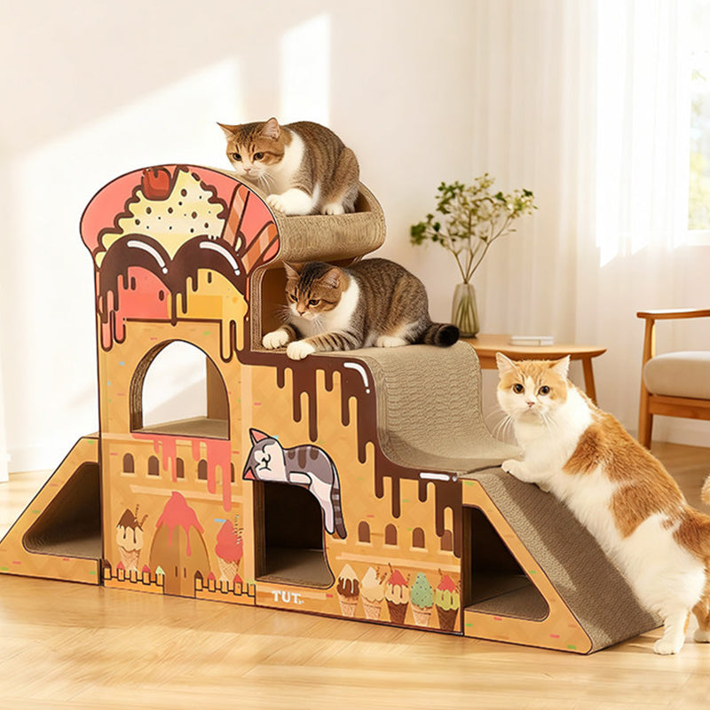 Contemporary Creative Rectangular BB-Grade Thickened Corrugated Cat Tree 3-Tier For Living Room