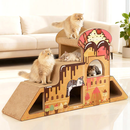 Contemporary Creative Rectangular BB-Grade Thickened Corrugated Cat Tree 3-Tier For Living Room