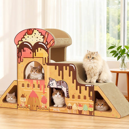 Contemporary Creative Rectangular BB-Grade Thickened Corrugated Cat Tree 3-Tier For Living Room