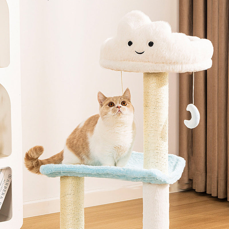 Contemporary Creative Round Particleboard Velvet Fabric Sisal Cloud Cat Tree 2/3-Tier For Living Room