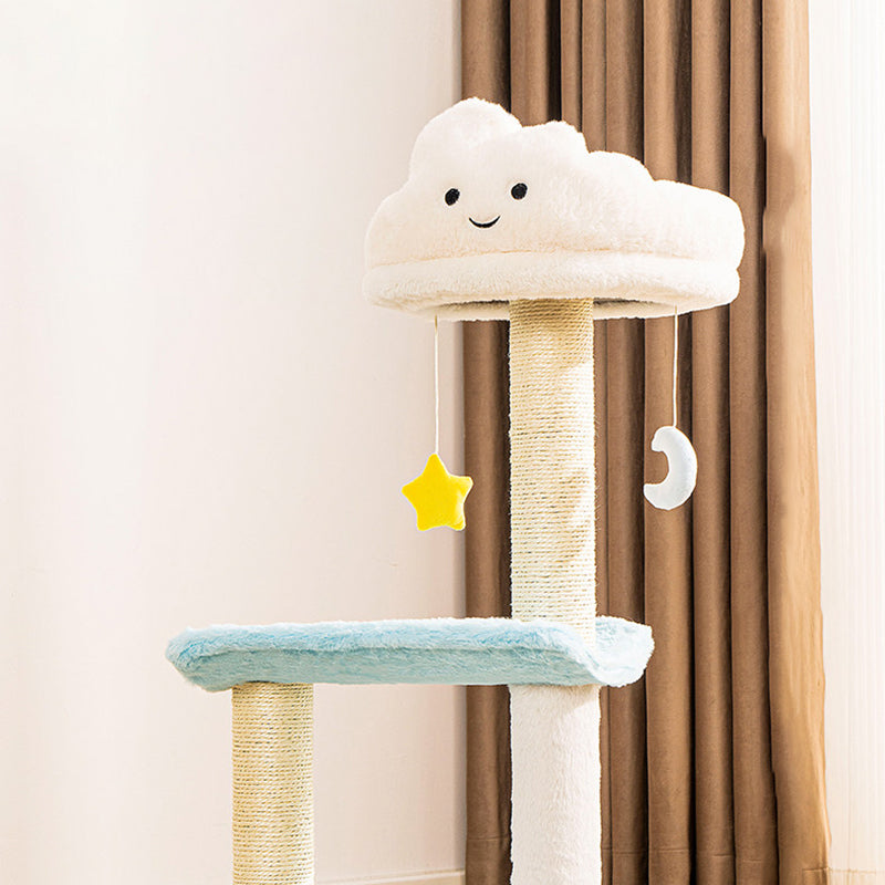 Contemporary Creative Round Particleboard Velvet Fabric Sisal Cloud Cat Tree 2/3-Tier For Living Room