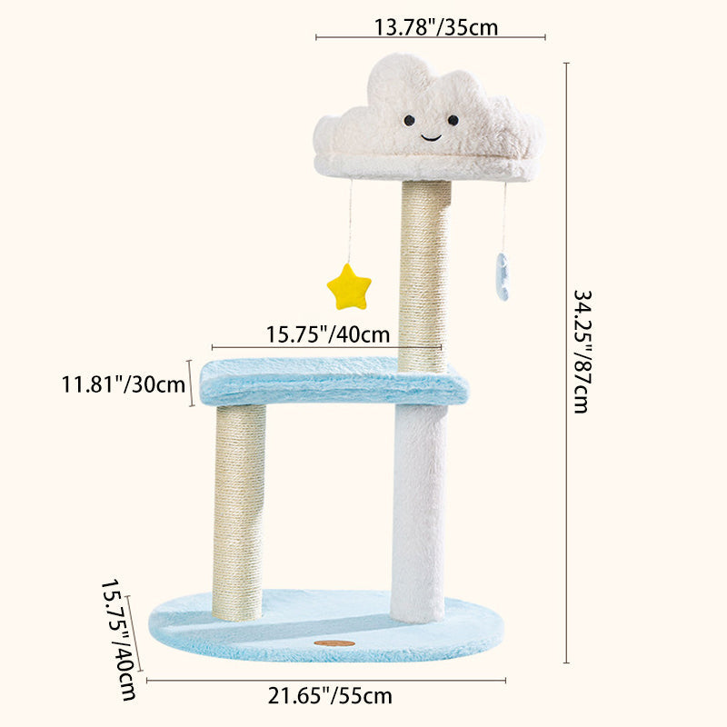 Contemporary Creative Round Particleboard Velvet Fabric Sisal Cloud Cat Tree 2/3-Tier For Living Room