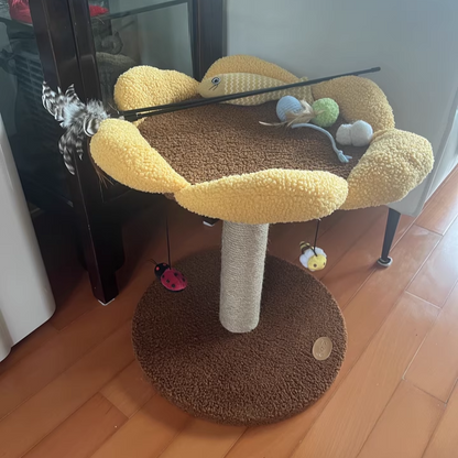 Contemporary Creative Round Particleboard Velvet Fabric Sisal Sunflower Cat Tree 2/3-Tier For Living Room