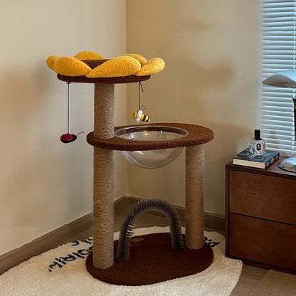 Contemporary Creative Round Particleboard Velvet Fabric Sisal Sunflower Cat Tree 2/3-Tier For Living Room