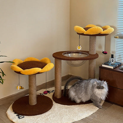 Contemporary Creative Round Particleboard Velvet Fabric Sisal Sunflower Cat Tree 2/3-Tier For Living Room