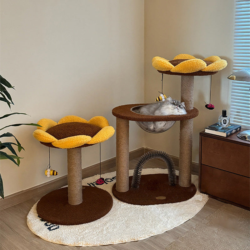 Contemporary Creative Round Particleboard Velvet Fabric Sisal Sunflower Cat Tree 2/3-Tier For Living Room