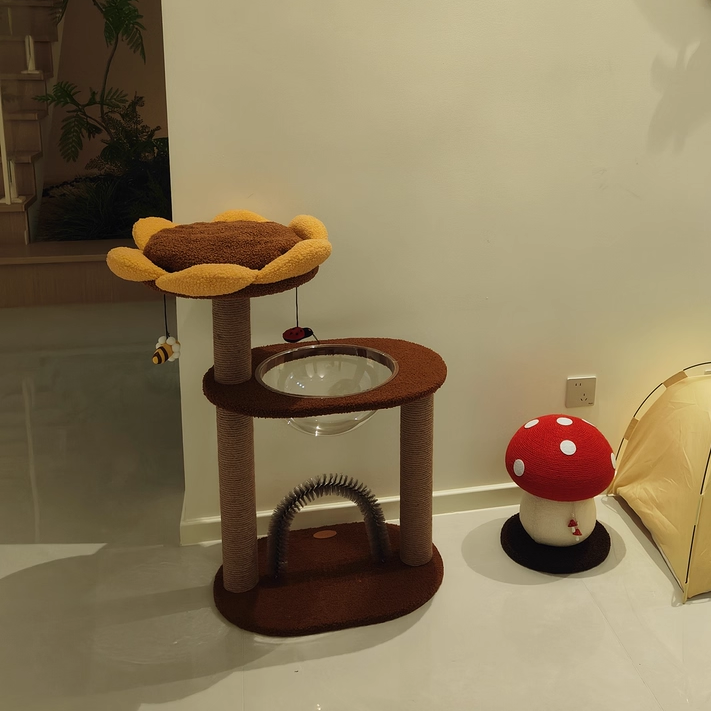 Contemporary Creative Round Particleboard Velvet Fabric Sisal Sunflower Cat Tree 2/3-Tier For Living Room