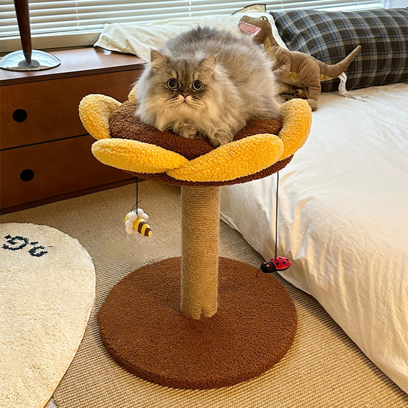 Contemporary Creative Round Particleboard Velvet Fabric Sisal Sunflower Cat Tree 2/3-Tier For Living Room