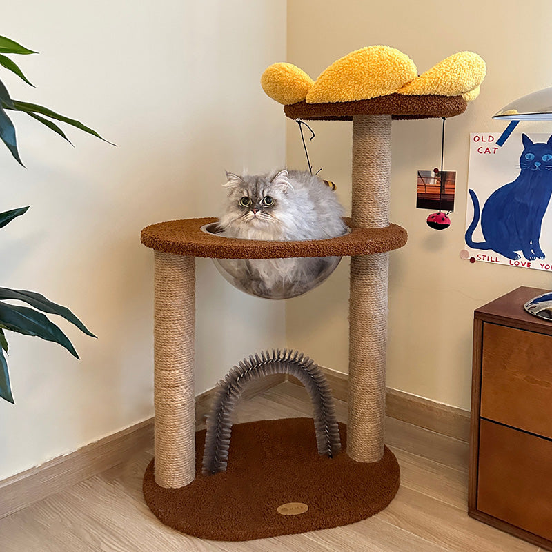 Contemporary Creative Round Particleboard Velvet Fabric Sisal Sunflower Cat Tree 2/3-Tier For Living Room