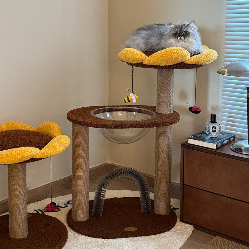 Contemporary Creative Round Particleboard Velvet Fabric Sisal Sunflower Cat Tree 2/3-Tier For Living Room