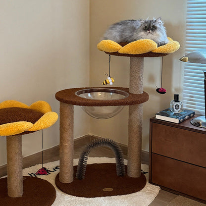 Contemporary Creative Round Particleboard Velvet Fabric Sisal Sunflower Cat Tree 2/3-Tier For Living Room