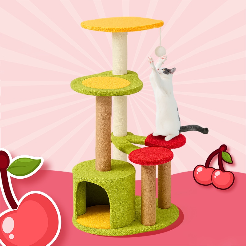 Contemporary Creative Round Medium-Density Fiberboard Velvet Fabric Sisal Cherry Cat Tree 4-Tier For Living Room