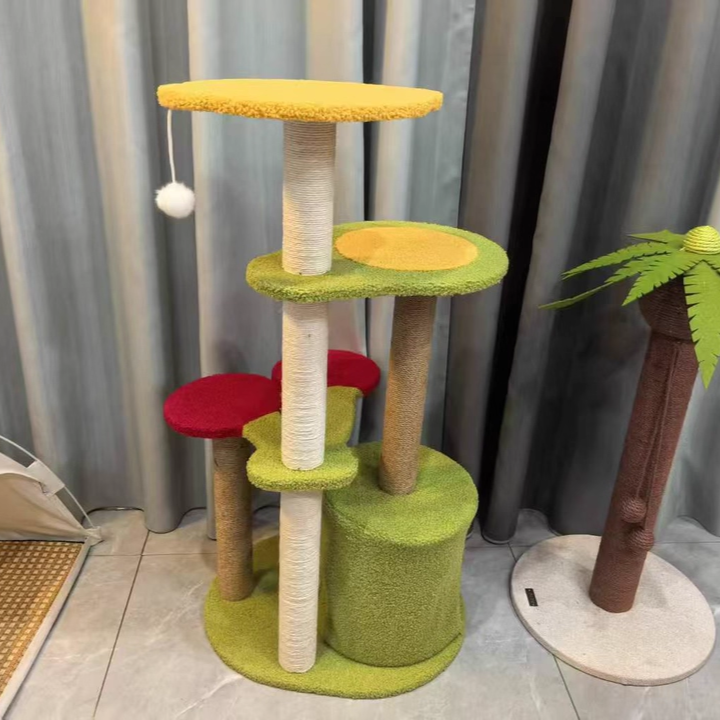 Contemporary Creative Round Medium-Density Fiberboard Velvet Fabric Sisal Cherry Cat Tree 4-Tier For Living Room