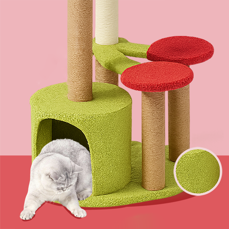Contemporary Creative Round Medium-Density Fiberboard Velvet Fabric Sisal Cherry Cat Tree 4-Tier For Living Room