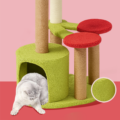 Contemporary Creative Round Medium-Density Fiberboard Velvet Fabric Sisal Cherry Cat Tree 4-Tier For Living Room