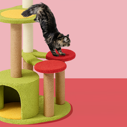 Contemporary Creative Round Medium-Density Fiberboard Velvet Fabric Sisal Cherry Cat Tree 4-Tier For Living Room