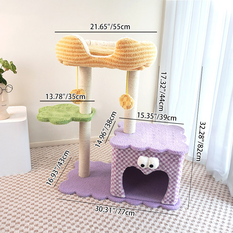 Contemporary Creative Square Particleboard Polyester Fiber Hemp Rope Paper Tube Cat Tree 3-Tier For Living Room