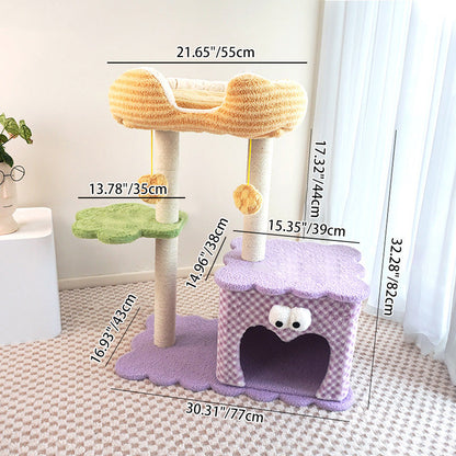 Contemporary Creative Square Particleboard Polyester Fiber Hemp Rope Paper Tube Cat Tree 3-Tier For Living Room