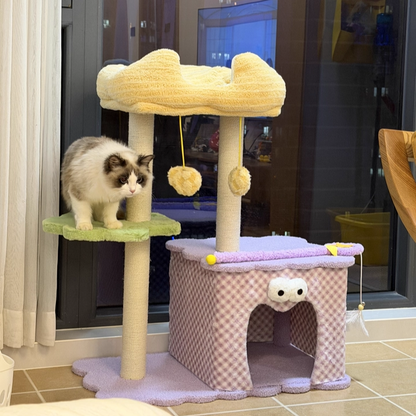 Contemporary Creative Square Particleboard Polyester Fiber Hemp Rope Paper Tube Cat Tree 3-Tier For Living Room