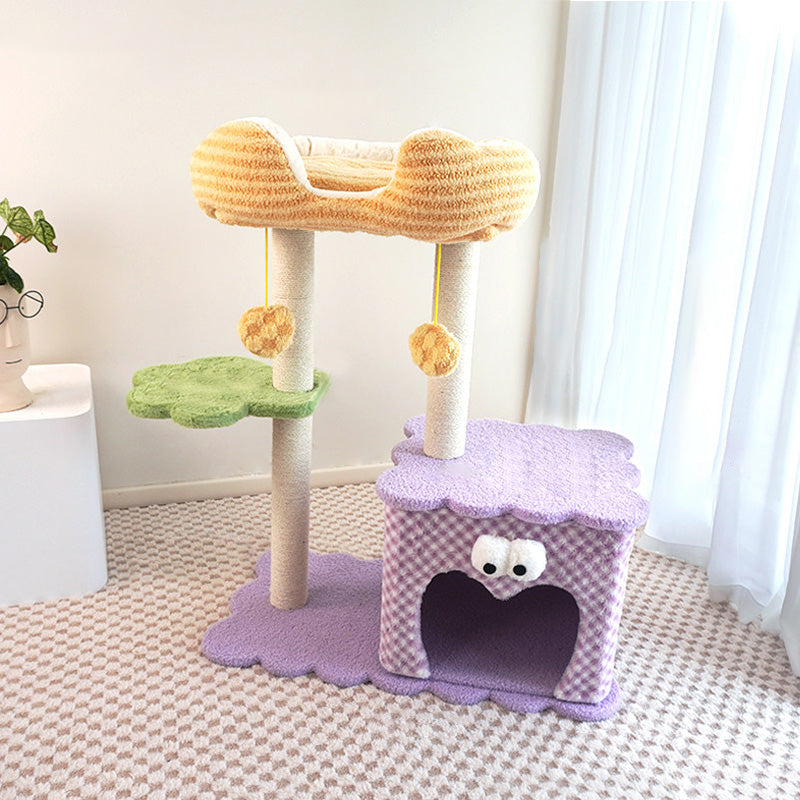 Contemporary Creative Square Particleboard Polyester Fiber Hemp Rope Paper Tube Cat Tree 3-Tier For Living Room