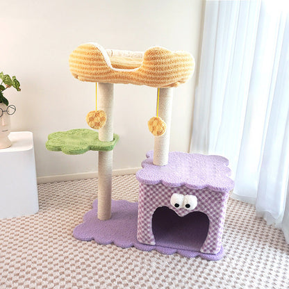 Contemporary Creative Square Particleboard Polyester Fiber Hemp Rope Paper Tube Cat Tree 3-Tier For Living Room