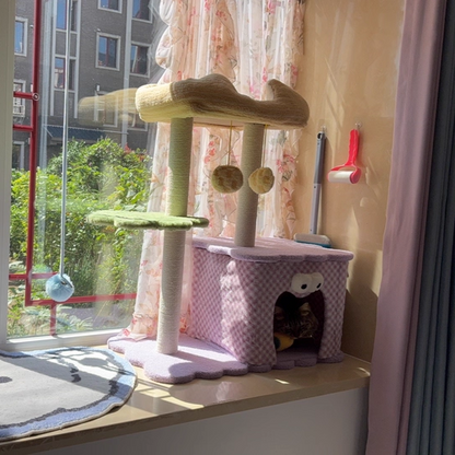 Contemporary Creative Square Particleboard Polyester Fiber Hemp Rope Paper Tube Cat Tree 3-Tier For Living Room