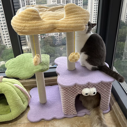 Contemporary Creative Square Particleboard Polyester Fiber Hemp Rope Paper Tube Cat Tree 3-Tier For Living Room