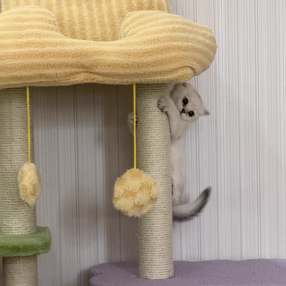 Contemporary Creative Square Particleboard Polyester Fiber Hemp Rope Paper Tube Cat Tree 3-Tier For Living Room