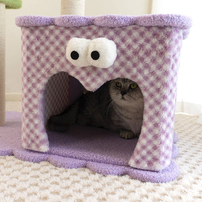 Contemporary Creative Square Particleboard Polyester Fiber Hemp Rope Paper Tube Cat Tree 3-Tier For Living Room