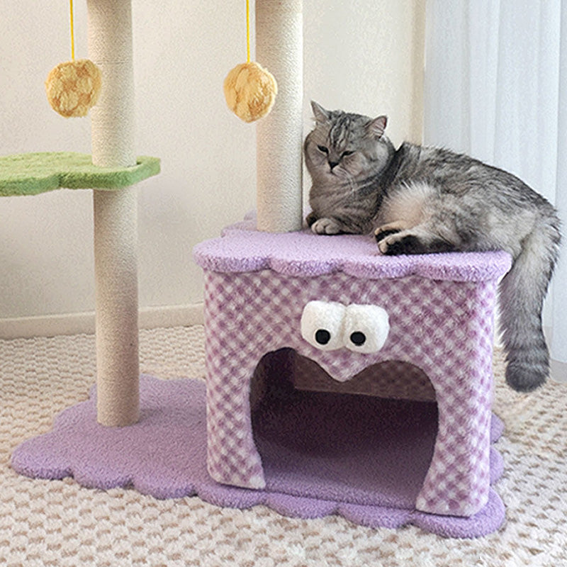 Contemporary Creative Square Particleboard Polyester Fiber Hemp Rope Paper Tube Cat Tree 3-Tier For Living Room
