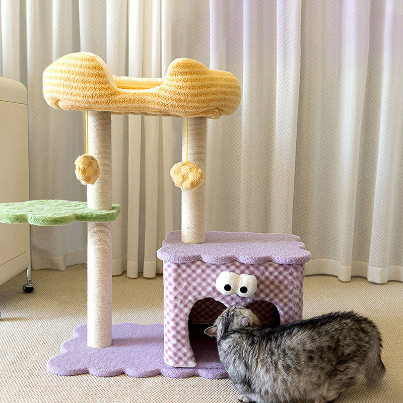 Contemporary Creative Square Particleboard Polyester Fiber Hemp Rope Paper Tube Cat Tree 3-Tier For Living Room