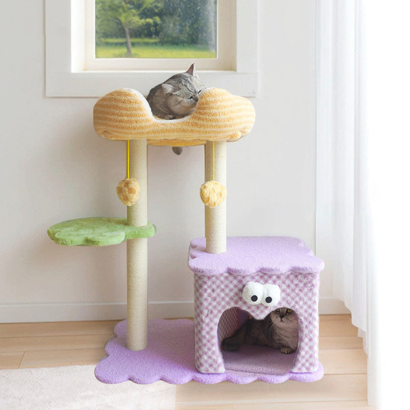 Contemporary Creative Square Particleboard Polyester Fiber Hemp Rope Paper Tube Cat Tree 3-Tier For Living Room