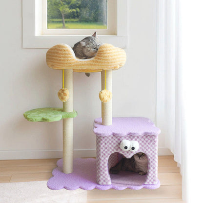 Contemporary Creative Square Particleboard Polyester Fiber Hemp Rope Paper Tube Cat Tree 3-Tier For Living Room
