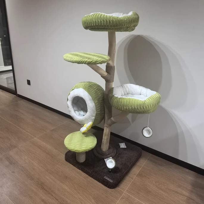 Contemporary Creative Round Natural Fruitwood Particleboard Velvet Fabric Sisal Coconut Cat Tree 5-Tier For Living Room