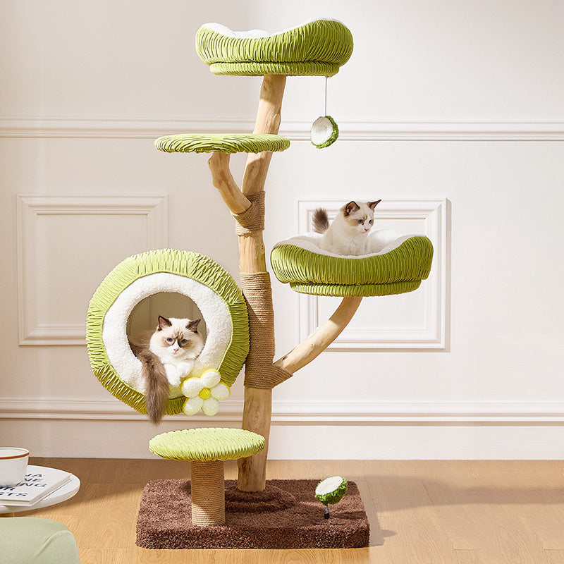Contemporary Creative Round Natural Fruitwood Particleboard Velvet Fabric Sisal Coconut Cat Tree 5-Tier For Living Room
