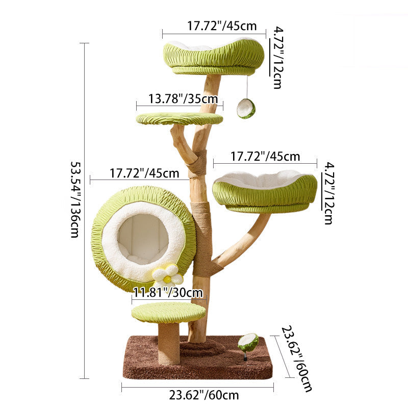 Contemporary Creative Round Natural Fruitwood Particleboard Velvet Fabric Sisal Coconut Cat Tree 5-Tier For Living Room