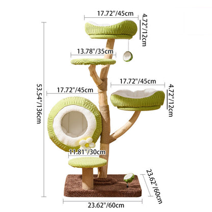 Contemporary Creative Round Natural Fruitwood Particleboard Velvet Fabric Sisal Coconut Cat Tree 5-Tier For Living Room