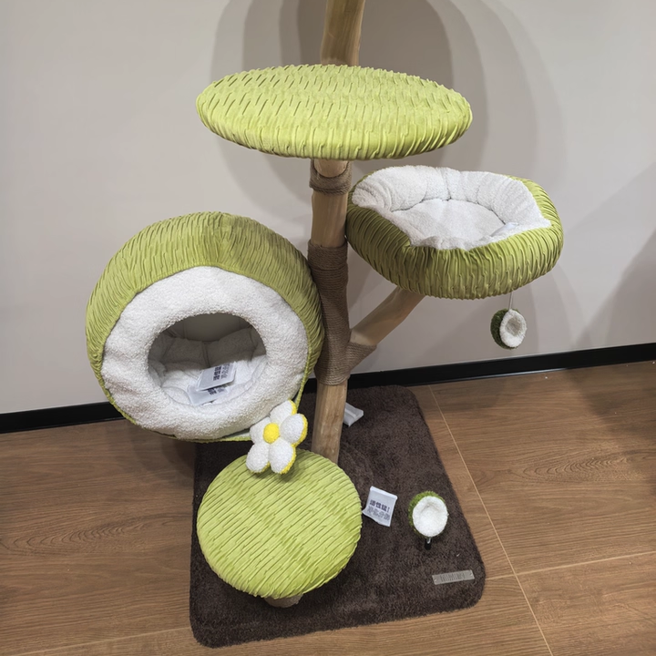 Contemporary Creative Round Natural Fruitwood Particleboard Velvet Fabric Sisal Coconut Cat Tree 5-Tier For Living Room