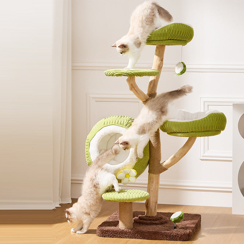 Contemporary Creative Round Natural Fruitwood Particleboard Velvet Fabric Sisal Coconut Cat Tree 5-Tier For Living Room