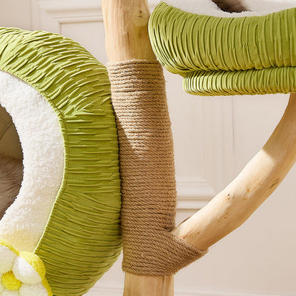 Contemporary Creative Round Natural Fruitwood Particleboard Velvet Fabric Sisal Coconut Cat Tree 5-Tier For Living Room