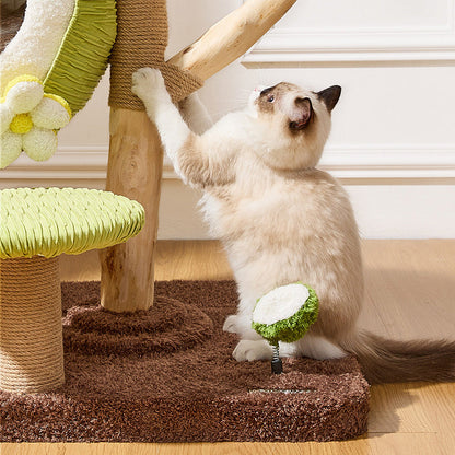 Contemporary Creative Round Natural Fruitwood Particleboard Velvet Fabric Sisal Coconut Cat Tree 5-Tier For Living Room