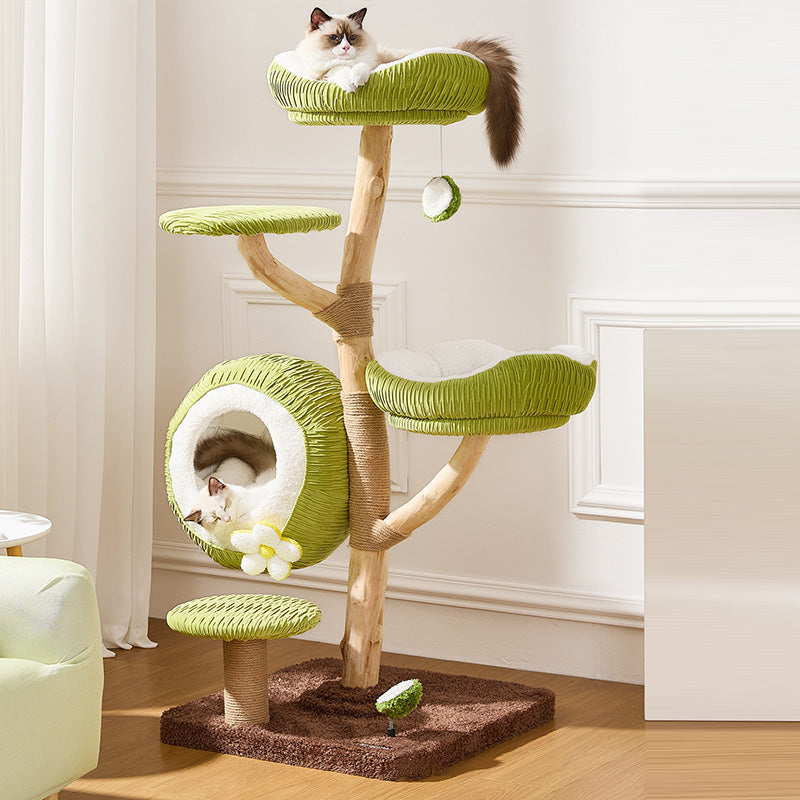 Contemporary Creative Round Natural Fruitwood Particleboard Velvet Fabric Sisal Coconut Cat Tree 5-Tier For Living Room