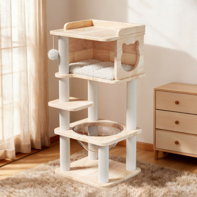 Contemporary Scandinavian Square Pine Solid Wood Board Hemp Rope Paper Tube Cat Tree 4-Tier For Living Room