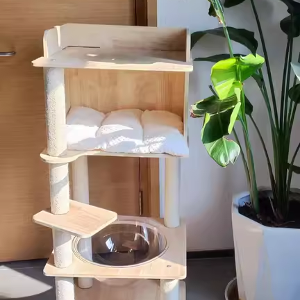 Contemporary Scandinavian Square Pine Solid Wood Board Hemp Rope Paper Tube Cat Tree 4-Tier For Living Room