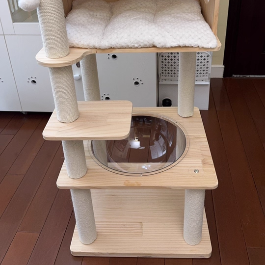 Contemporary Scandinavian Square Pine Solid Wood Board Hemp Rope Paper Tube Cat Tree 4-Tier For Living Room