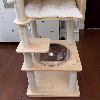 Contemporary Scandinavian Square Pine Solid Wood Board Hemp Rope Paper Tube Cat Tree 4-Tier For Living Room