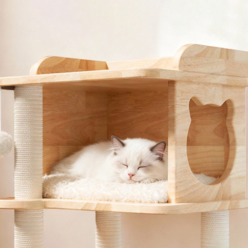 Contemporary Scandinavian Square Pine Solid Wood Board Hemp Rope Paper Tube Cat Tree 4-Tier For Living Room