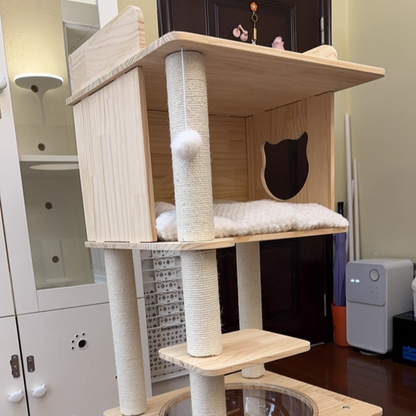 Contemporary Scandinavian Square Pine Solid Wood Board Hemp Rope Paper Tube Cat Tree 4-Tier For Living Room