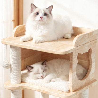 Contemporary Scandinavian Square Pine Solid Wood Board Hemp Rope Paper Tube Cat Tree 4-Tier For Living Room